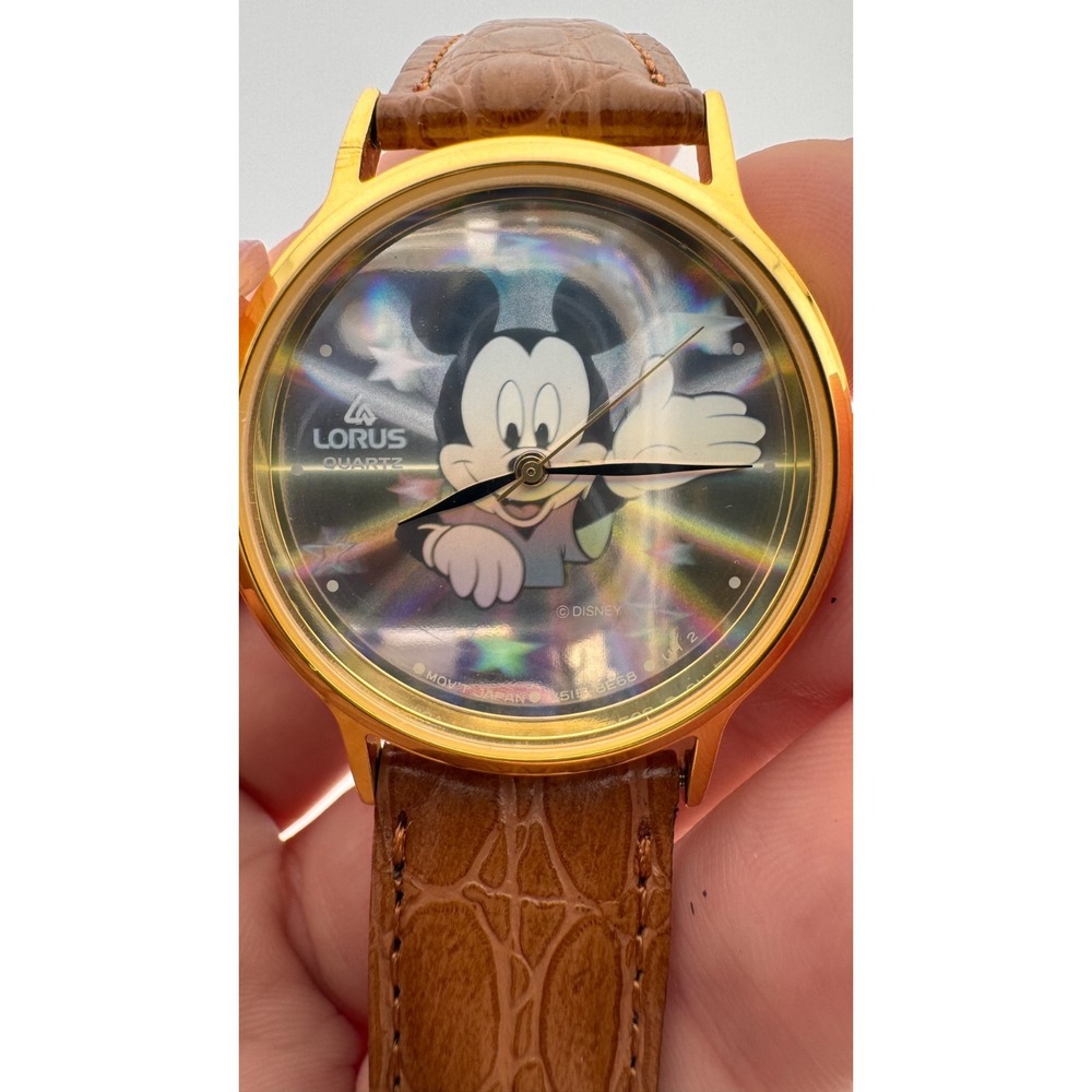 Vintage Mickey Mouse Watch Gold Tone‎ Lorus Seiko Quartz Disney Holograph